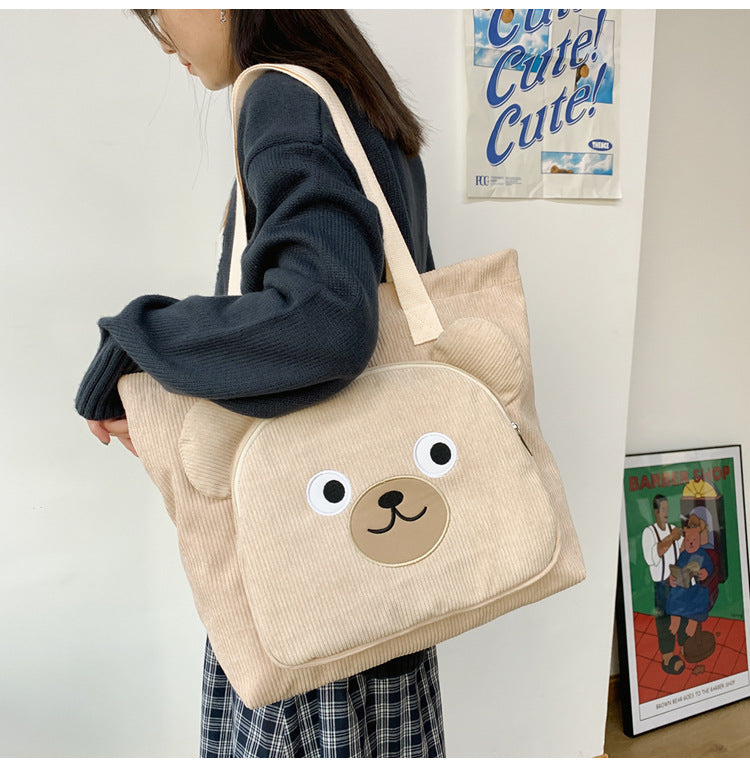 Girlish Corduroy Shoulder Bag Schoolgirl Handbag Cute Bear Cute Backpack
