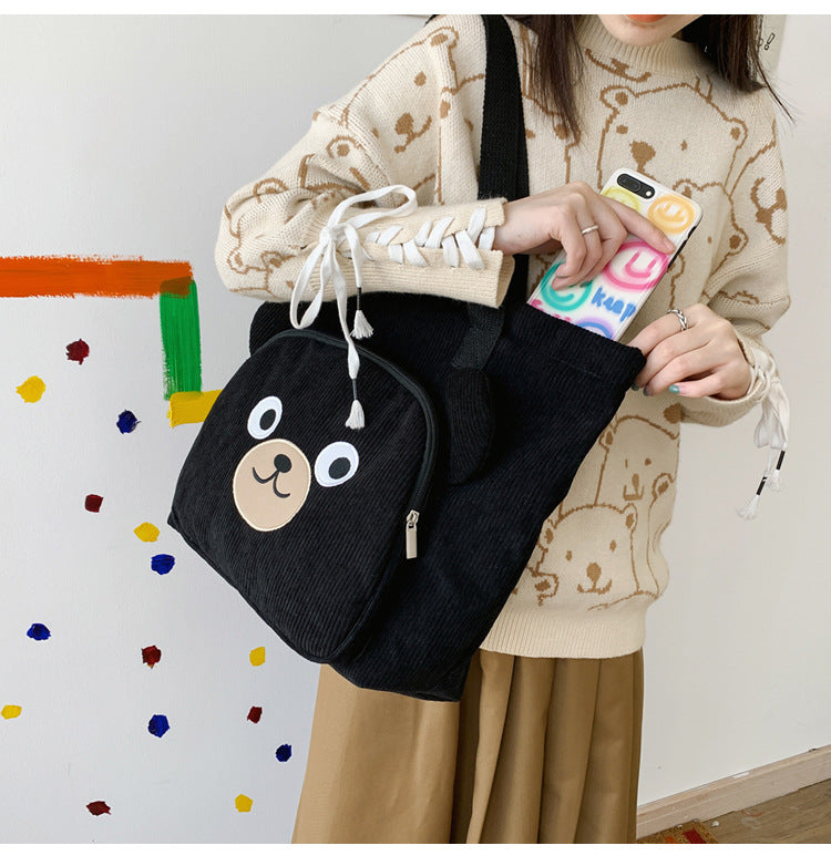 Girlish Corduroy Shoulder Bag Schoolgirl Handbag Cute Bear Cute Backpack