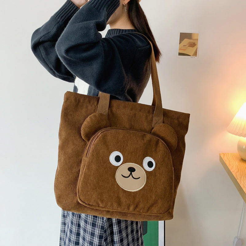 Girlish Corduroy Shoulder Bag Schoolgirl Handbag Cute Bear Cute Backpack