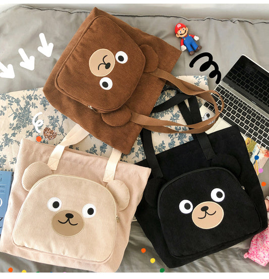 Girlish Corduroy Shoulder Bag Schoolgirl Handbag Cute Bear Cute Backpack