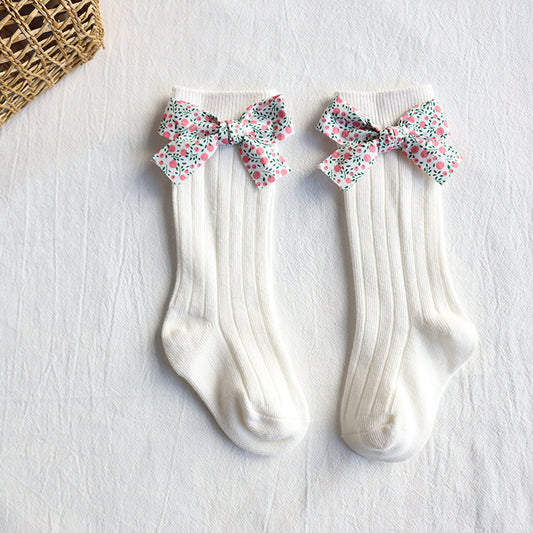 Ins Spring And Autumn Spain Baby Pit Striped Floral Bow Socks Baby Wild Princess Long Tube Socks