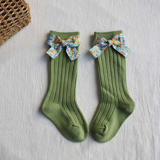 Ins Spring And Autumn Spain Baby Pit Striped Floral Bow Socks Baby Wild Princess Long Tube Socks