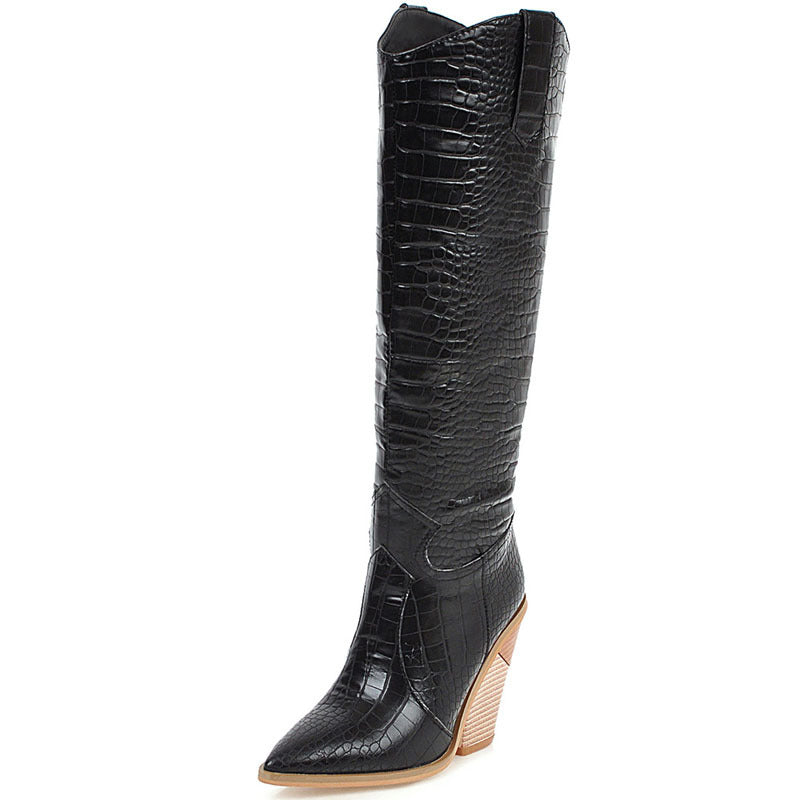 Europa Og USA Udenrigshandel Hot Stone PU Stof Spidse Sko Trækorn 10cm Super Høj Kilehæl Show Store Størrelser Trendy Støvler Kvinder