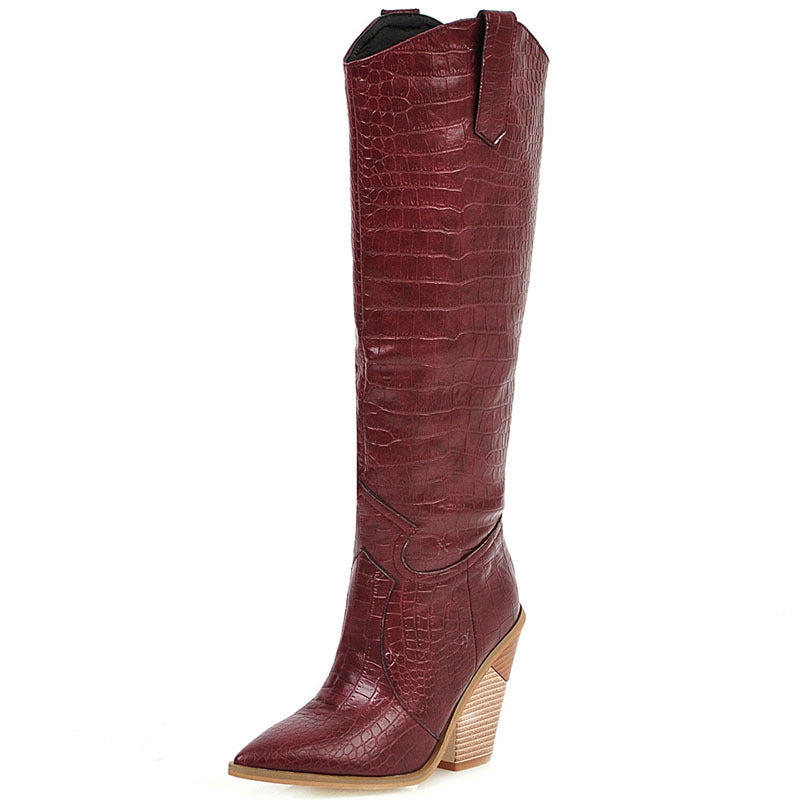 Europa Og USA Udenrigshandel Hot Stone PU Stof Spidse Sko Trækorn 10cm Super Høj Kilehæl Show Store Størrelser Trendy Støvler Kvinder