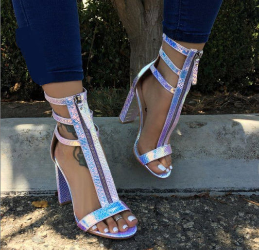 Thick-heeled Roman Shoes Summer Tide Front Zipper High-heeled Snake Print High-top Sandals