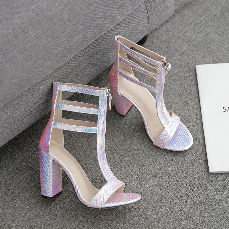 Thick-heeled Roman Shoes Summer Tide Front Zipper High-heeled Snake Print High-top Sandals