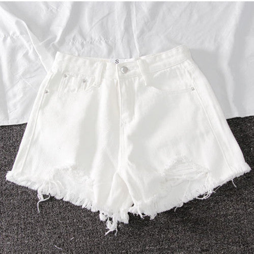 Sommer Ny Denim Høj Talje Koreanske Shorts Kvinder Løse Huller Chic Kvast A-Line Brede Ben Hotpants Trend