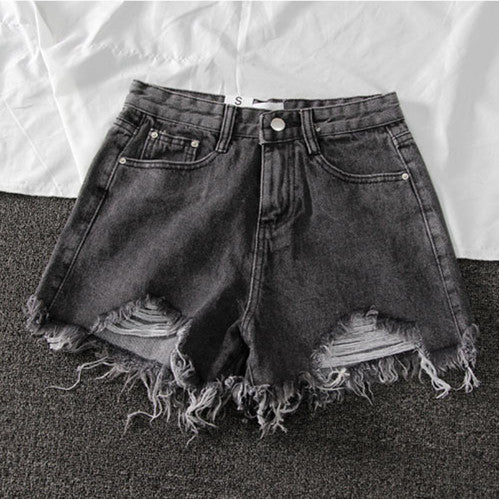 Sommer Ny Denim Høj Talje Koreanske Shorts Kvinder Løse Huller Chic Kvast A-Line Brede Ben Hotpants Trend