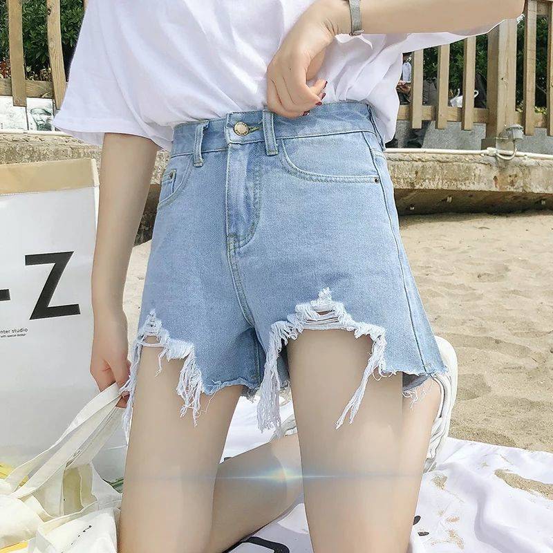 Sommer Ny Denim Høj Talje Koreanske Shorts Kvinder Løse Huller Chic Kvast A-Line Brede Ben Hotpants Trend