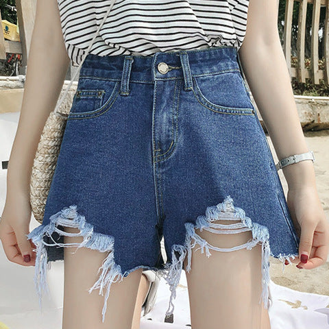 Sommer Ny Denim Høj Talje Koreanske Shorts Kvinder Løse Huller Chic Kvast A-Line Brede Ben Hotpants Trend