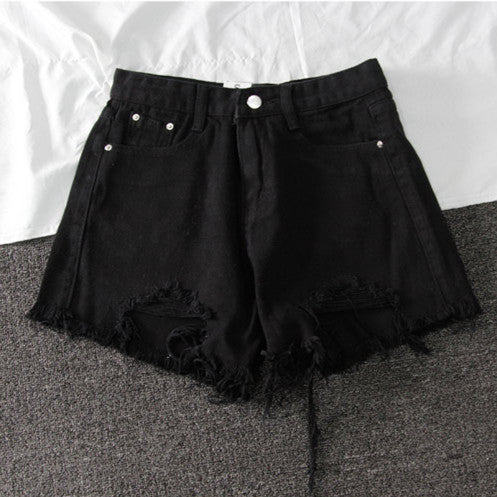 Sommer Ny Denim Høj Talje Koreanske Shorts Kvinder Løse Huller Chic Kvast A-Line Brede Ben Hotpants Trend