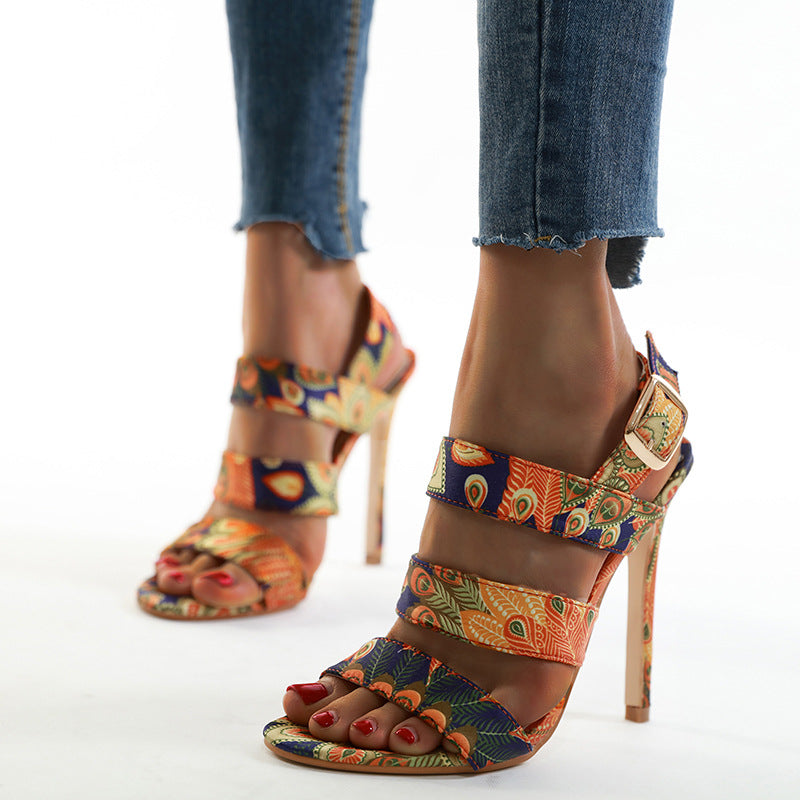 Color Clock Stiletto High Heels Open-toed Women's Shoes With Empty Back