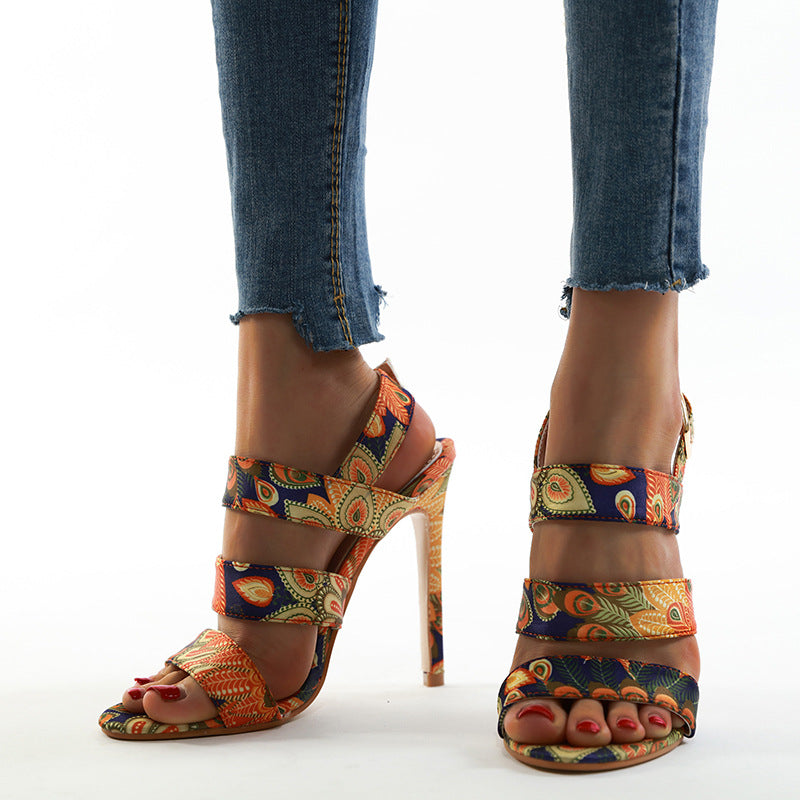 Color Clock Stiletto High Heels Open-toed Women's Shoes With Empty Back