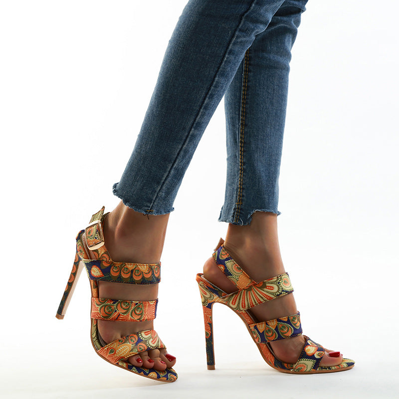 Color Clock Stiletto High Heels Open-toed Women's Shoes With Empty Back