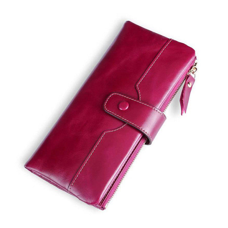 Ladies Long Wallet In Oil Wax Top Layer Cowhide