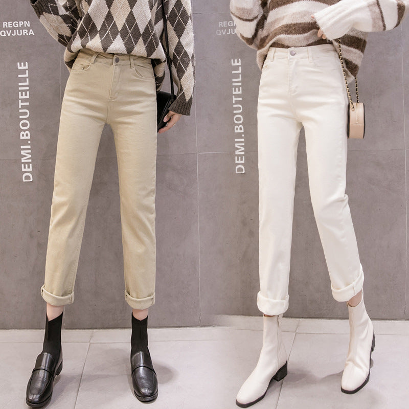 Korean Version Of Solid Color High Waist Slim Casual Straight Cropped Trousers