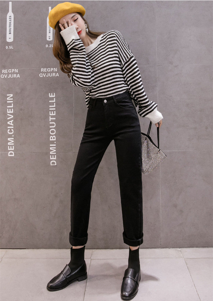 Korean Version Of Solid Color High Waist Slim Casual Straight Cropped Trousers