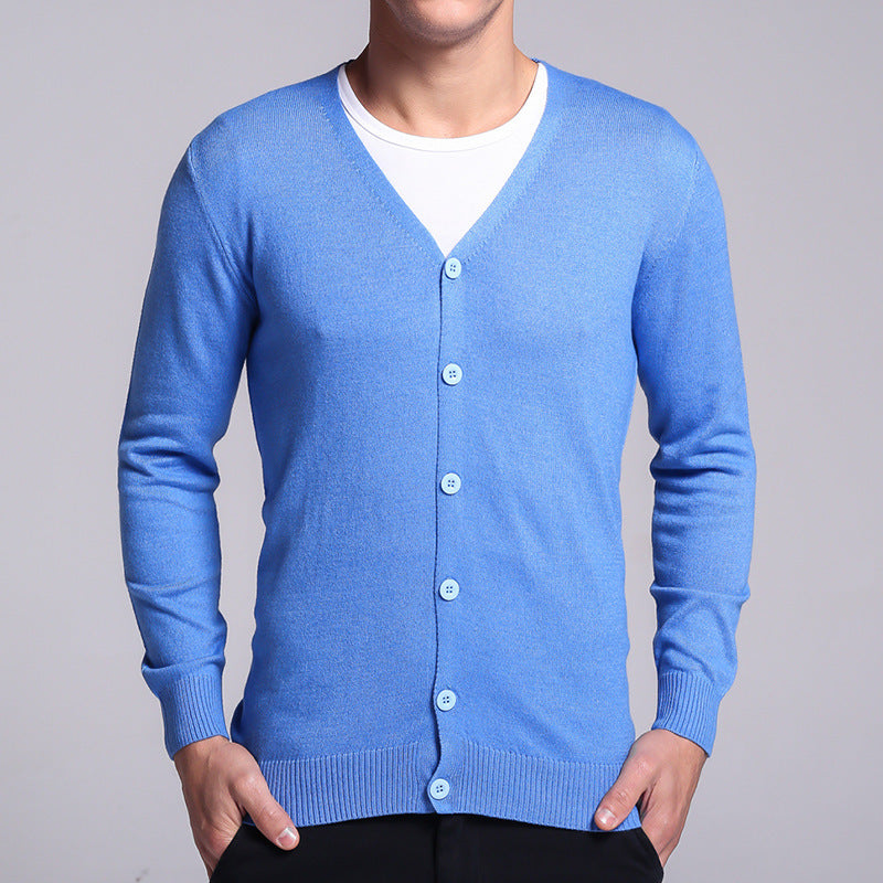 Strikket cardigan til mænd, V-hals, ensfarvet, tynd sweater