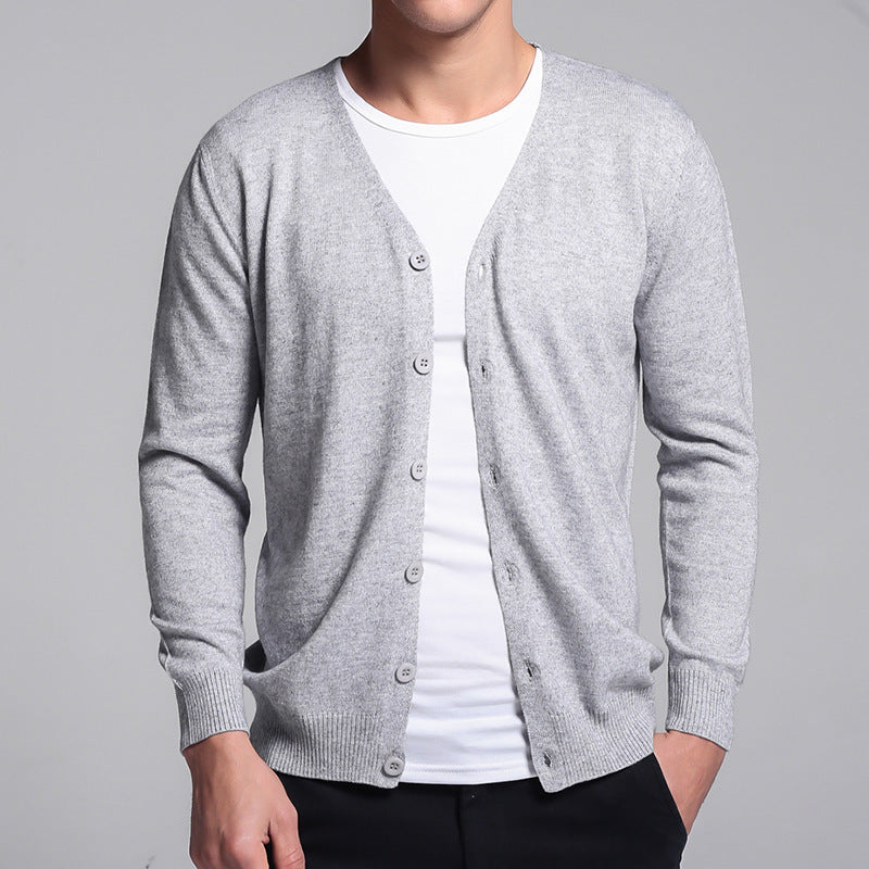 Strikket cardigan til mænd, V-hals, ensfarvet, tynd sweater