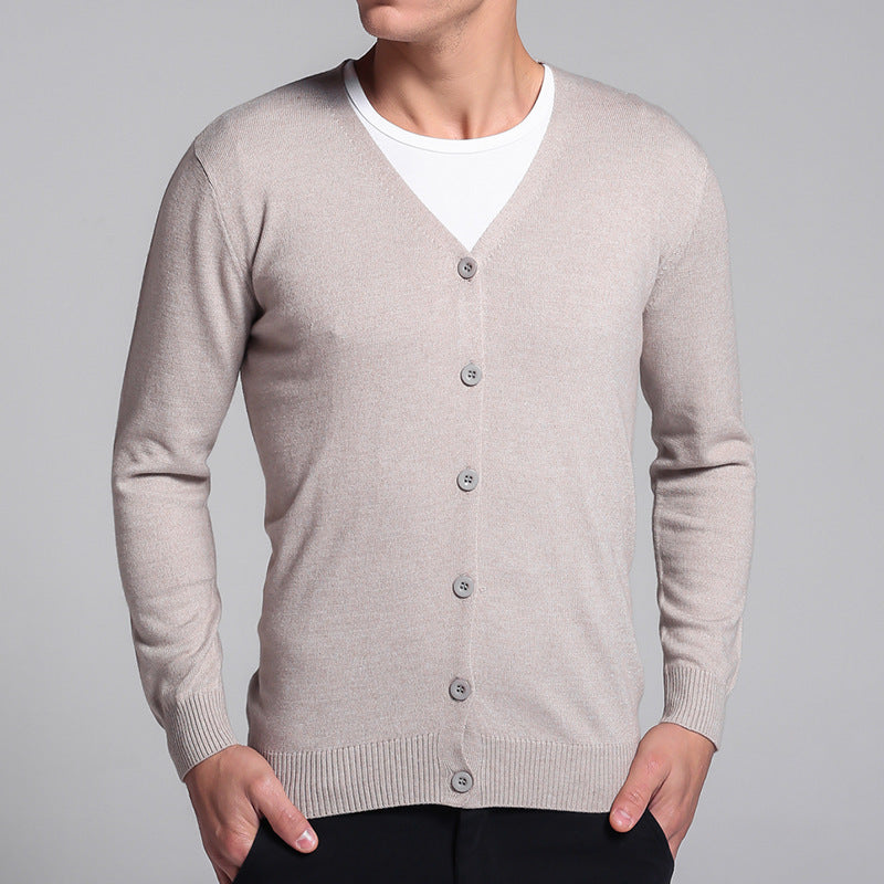 Strikket cardigan til mænd, V-hals, ensfarvet, tynd sweater