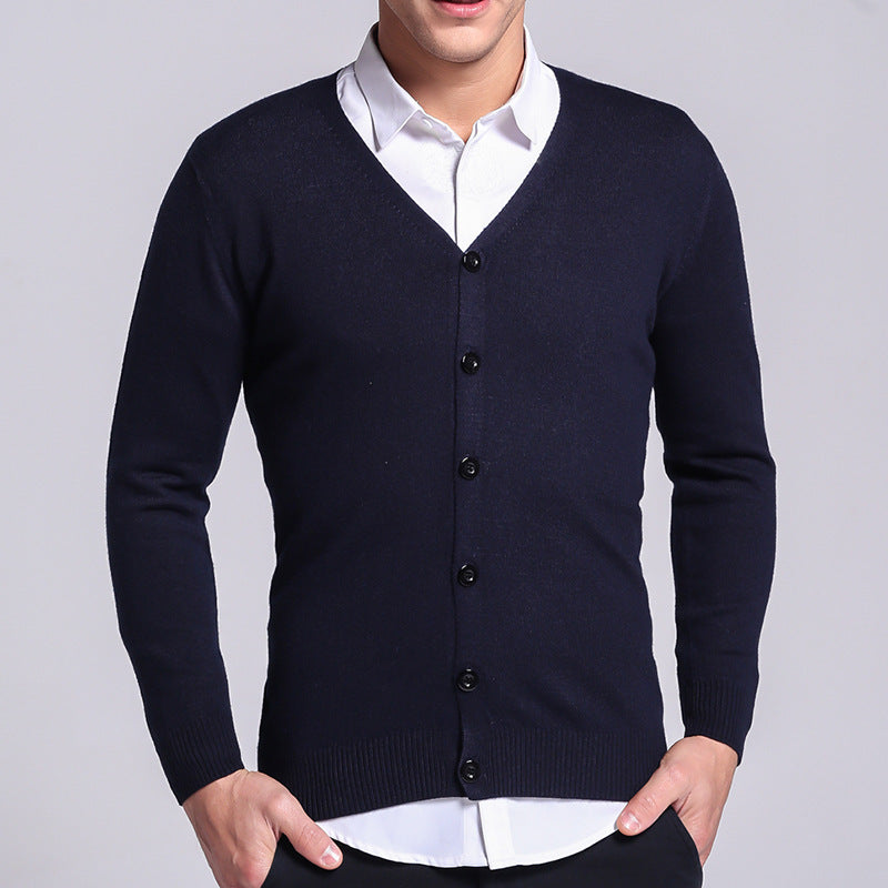 Strikket cardigan til mænd, V-hals, ensfarvet, tynd sweater