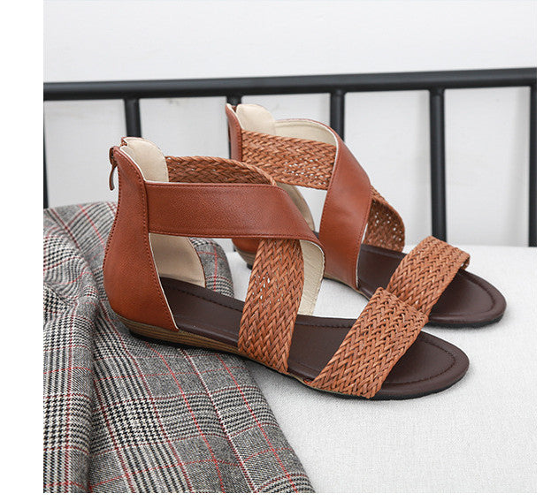 Women's Shoes Summer Large Size Straw Woven Back Zipper Flat Fish Mouth Sandals