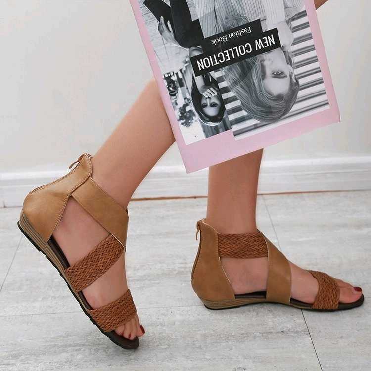 Women's Shoes Summer Large Size Straw Woven Back Zipper Flat Fish Mouth Sandals