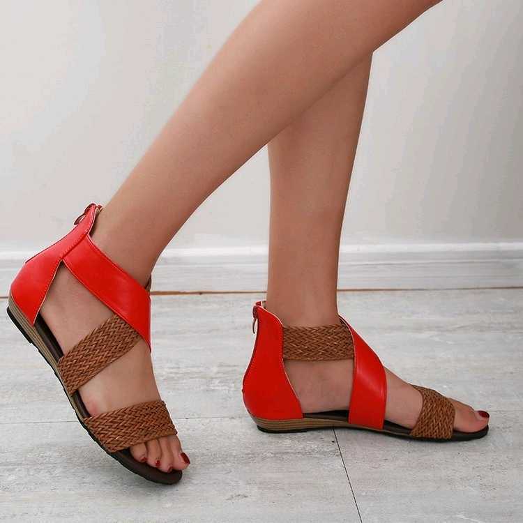 Women's Shoes Summer Large Size Straw Woven Back Zipper Flat Fish Mouth Sandals