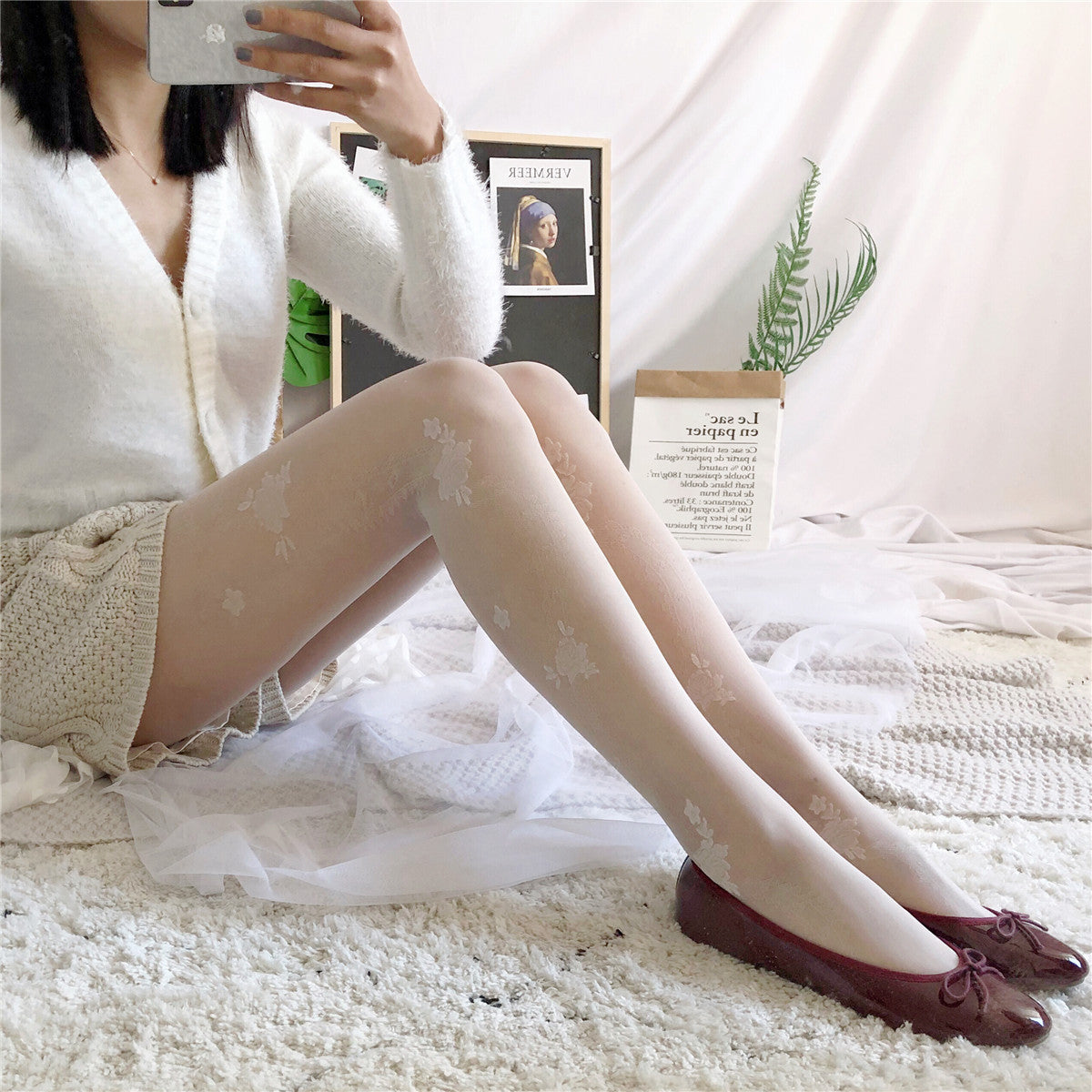 Japanese Sweet Vintage Side Rose Vine Milk White Stockings Ladies