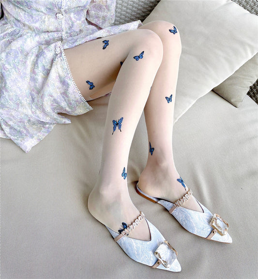 Blue Butterfly Print Core-spun Bottoming Stockings