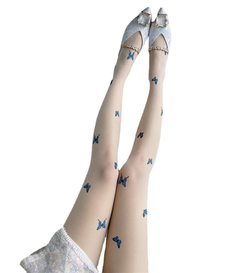 Blue Butterfly Print Core-spun Bottoming Stockings