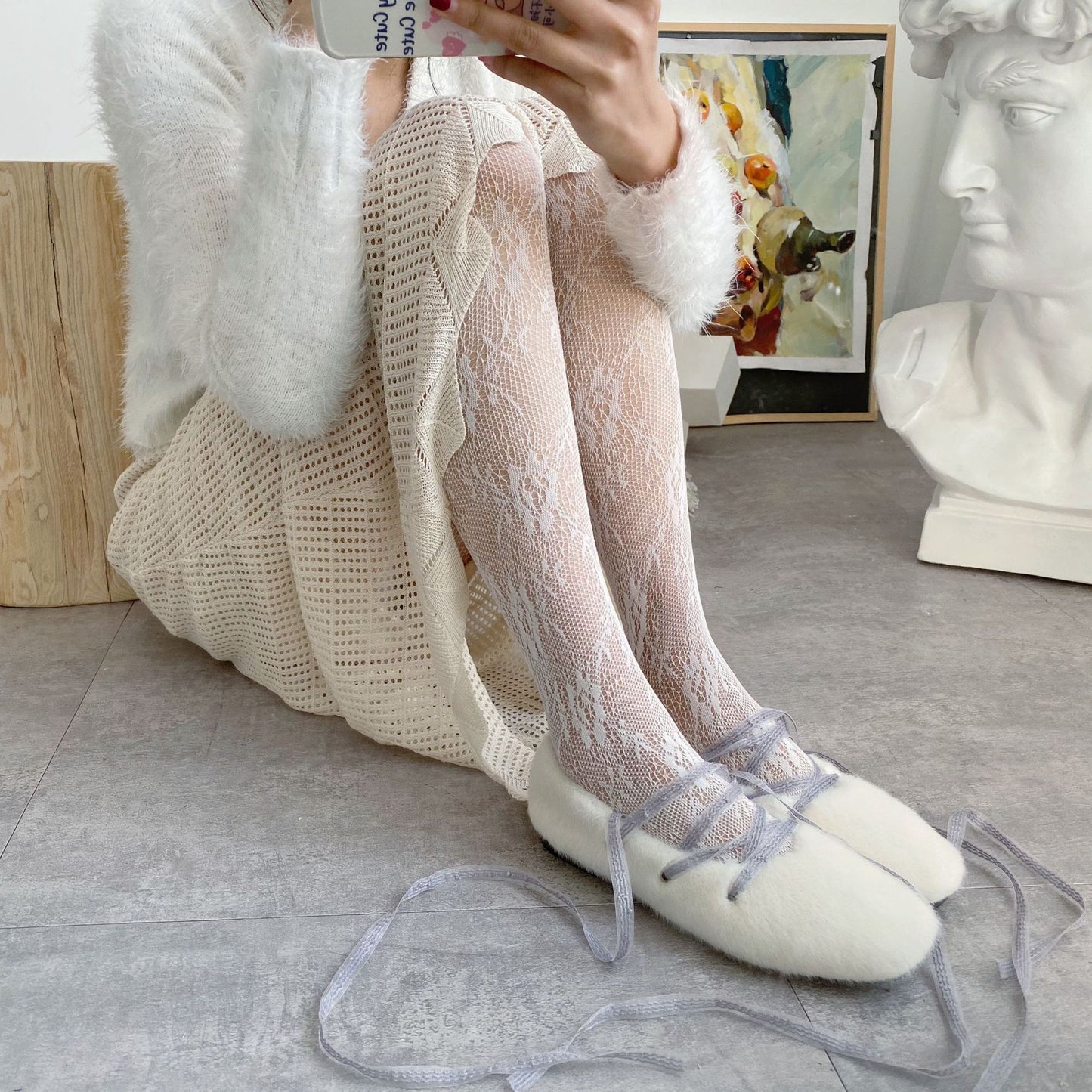 White retro Lace Fishnet Stockings Gardenia Bottoming Pantyhose Stockings