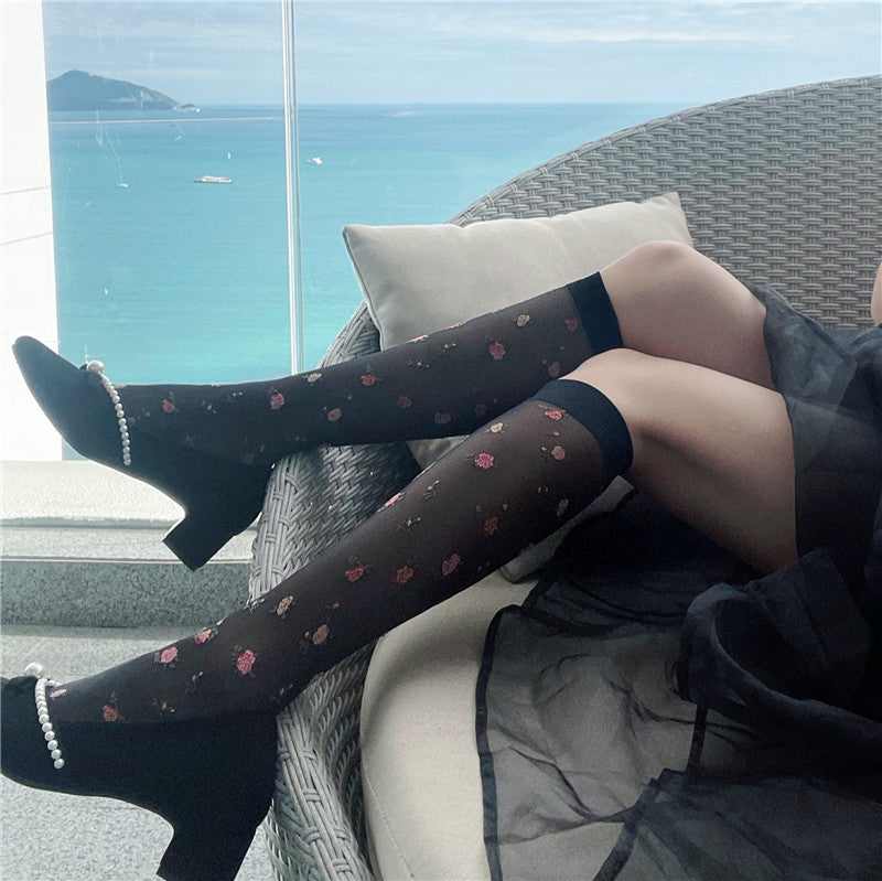 Thin Transparent Tube Socks Core-spun Silk Jacquard Stockings