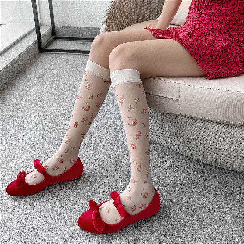 Thin Transparent Tube Socks Core-spun Silk Jacquard Stockings