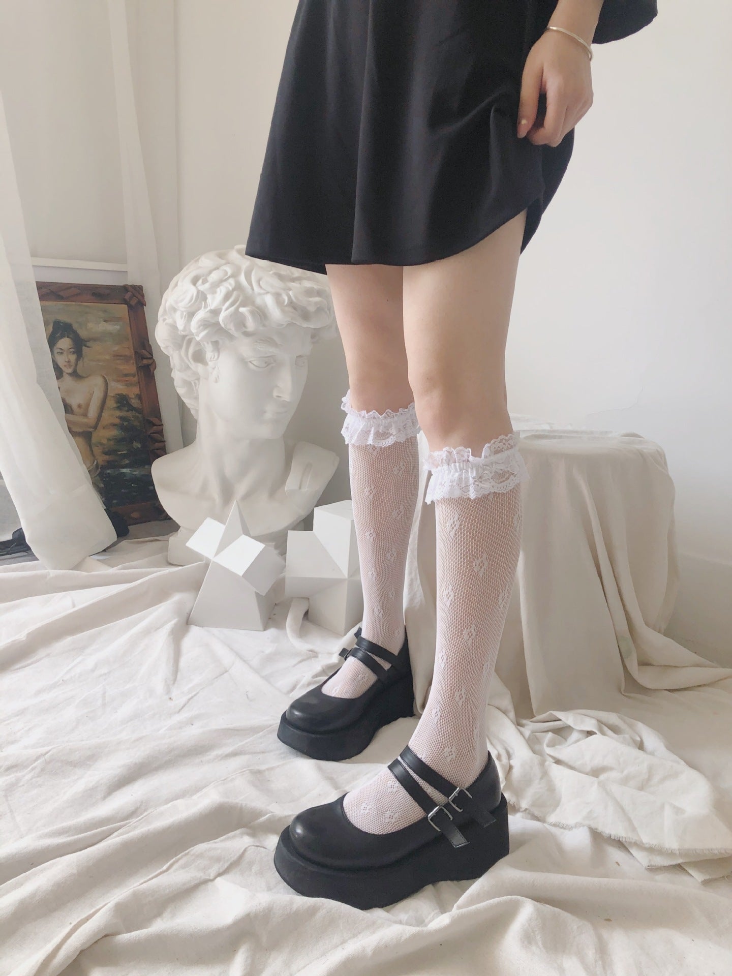 Girls Lace Net Stockings Middle Socks Milky White Loli Four-Leaf Clover Lace Socks Calf