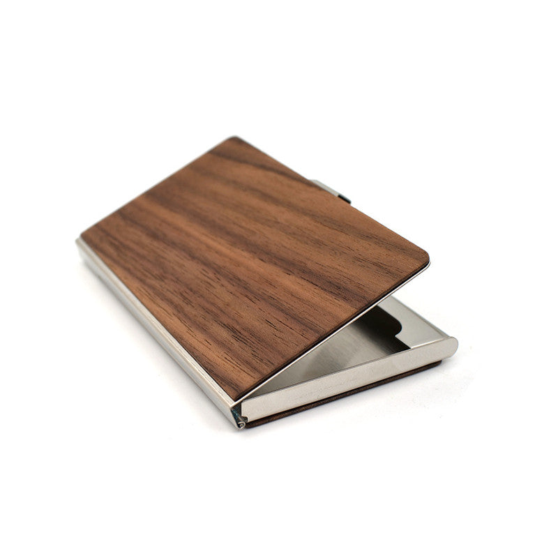 Metal Solid Wood Business Card Holder With Lettering Sward