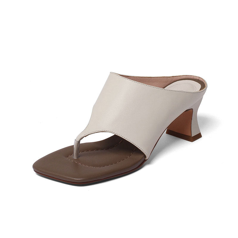 Solid Color Flip Flops Square Toe Sandals With Thick Heels