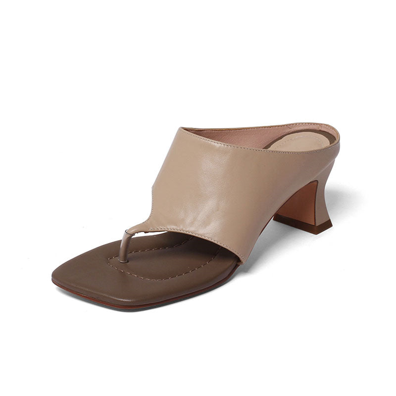 Solid Color Flip Flops Square Toe Sandals With Thick Heels