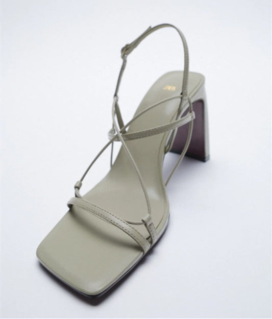 Leather Fine Drawstring High-Heeled Sandals Fashionable Square Toe Outer Wear Thick Heel