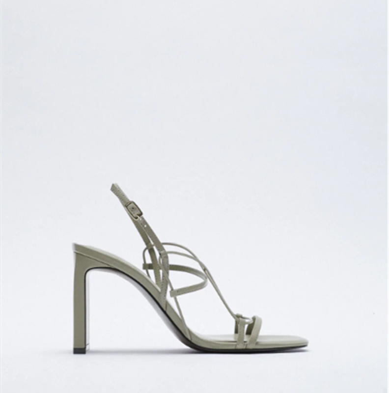 Leather Fine Drawstring High-Heeled Sandals Fashionable Square Toe Outer Wear Thick Heel