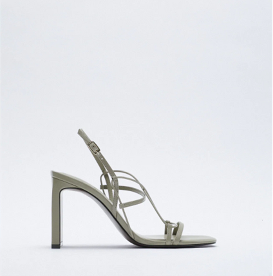 Leather Fine Drawstring High-Heeled Sandals Fashionable Square Toe Outer Wear Thick Heel