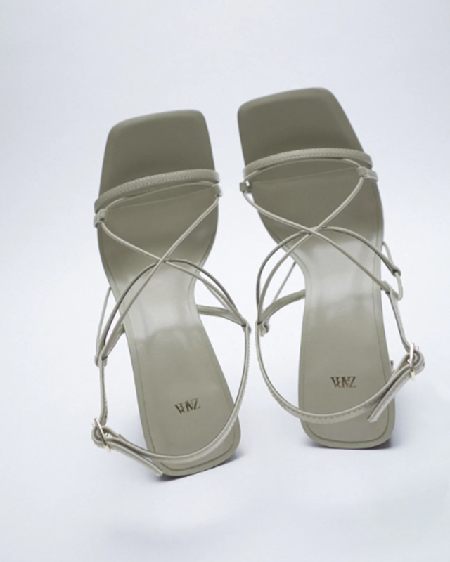 Leather Fine Drawstring High-Heeled Sandals Fashionable Square Toe Outer Wear Thick Heel