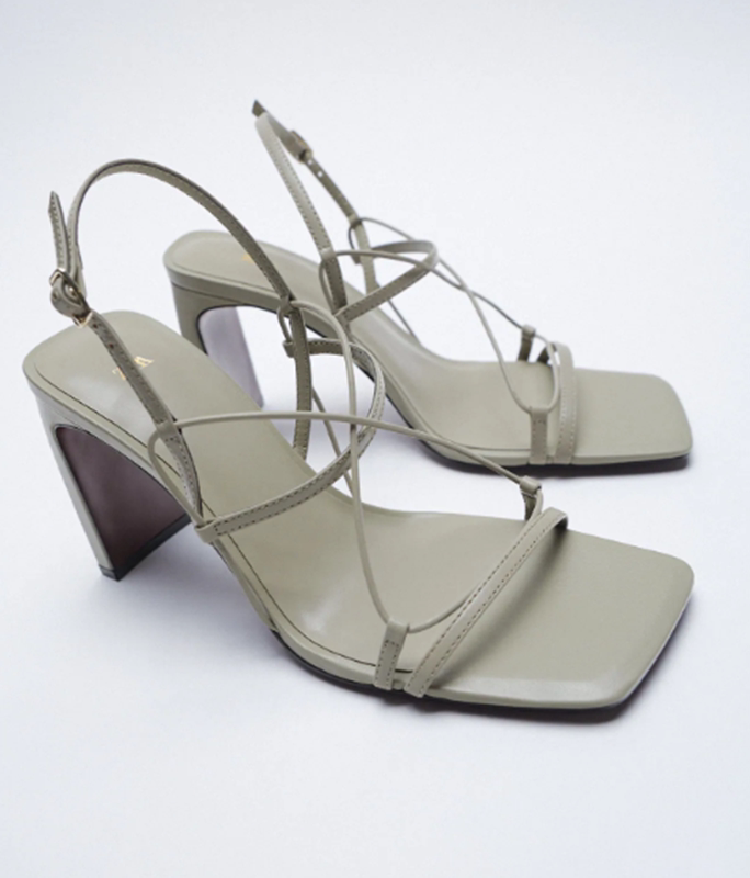 Leather Fine Drawstring High-Heeled Sandals Fashionable Square Toe Outer Wear Thick Heel