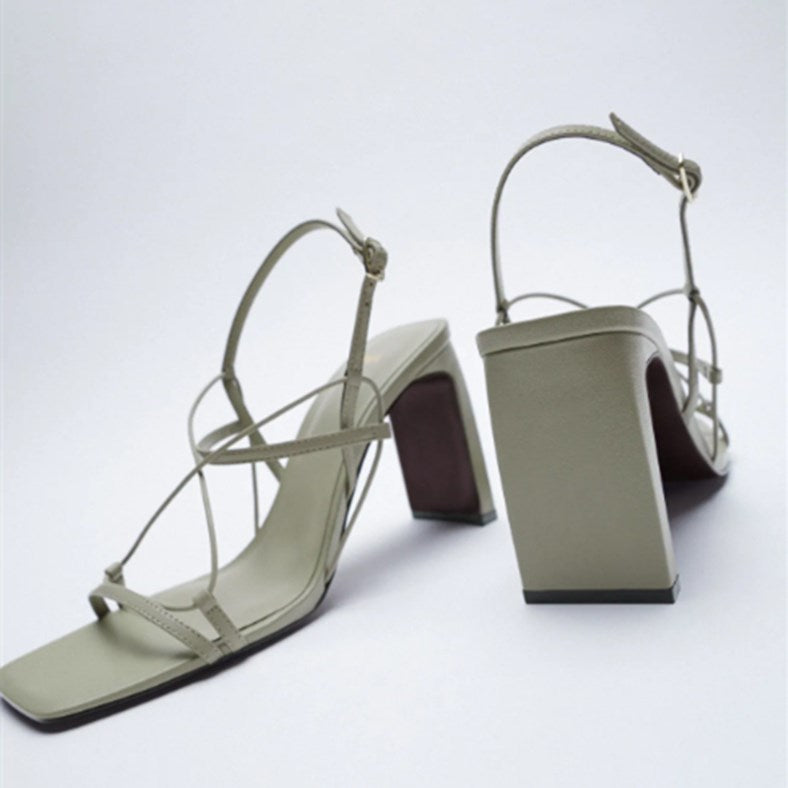 Leather Fine Drawstring High-Heeled Sandals Fashionable Square Toe Outer Wear Thick Heel