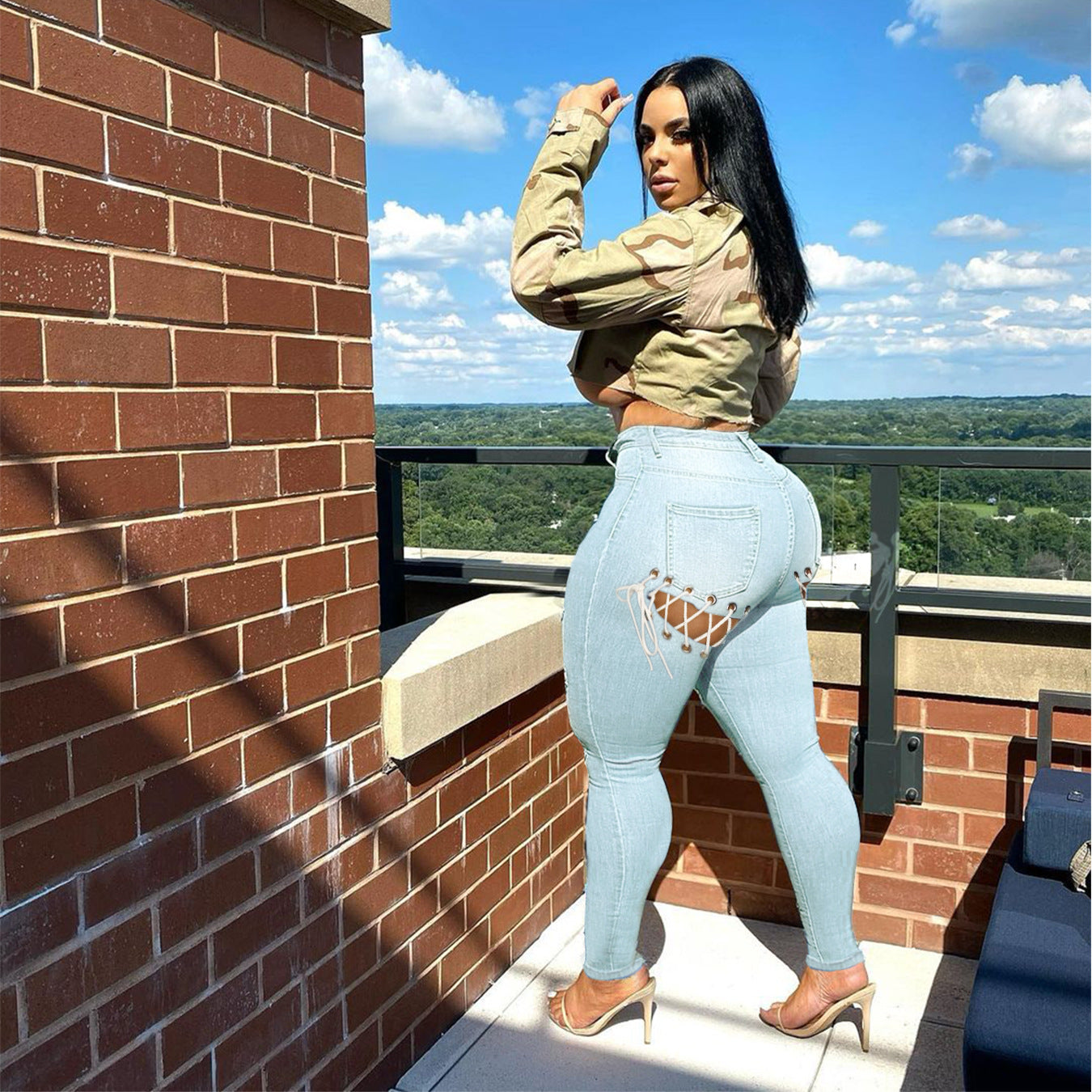 Eyelet Strap Jeans Slim Slimming Pants