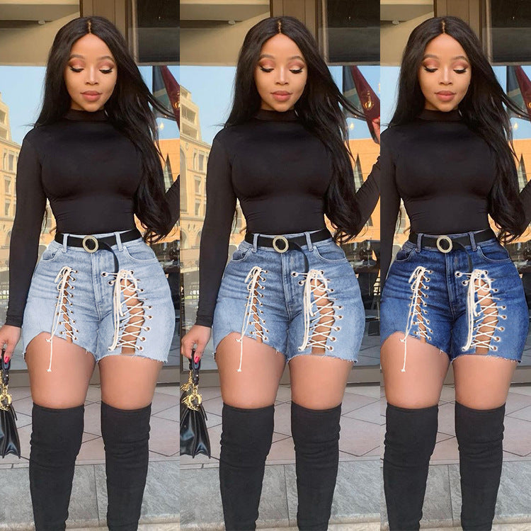 Foreign Trade Cross Border Amazon Ebay Express Wish European And American Women'S Fashion Personalized Strapping Jeans Shorts