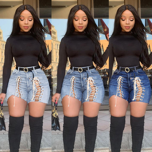 Foreign Trade Cross Border Amazon Ebay Express Wish European And American Women'S Fashion Personalized Strapping Jeans Shorts