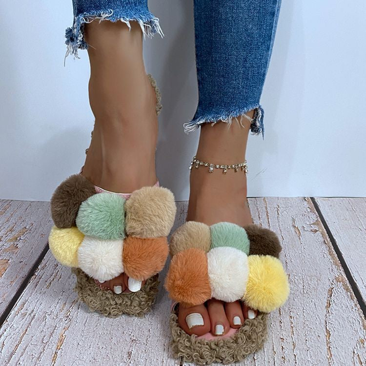 European And American Style Fashion Hair Ball Slippers Amazon Fall winter New Plus Size