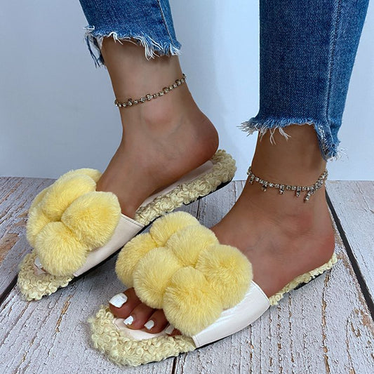 European And American Style Fashion Hair Ball Slippers Amazon Fall winter New Plus Size