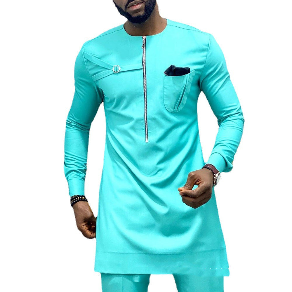 Foreign Trade Spring Youth Round Neck Casual Solid Color Cotton African Ethnic Style Men's Robe Shirt